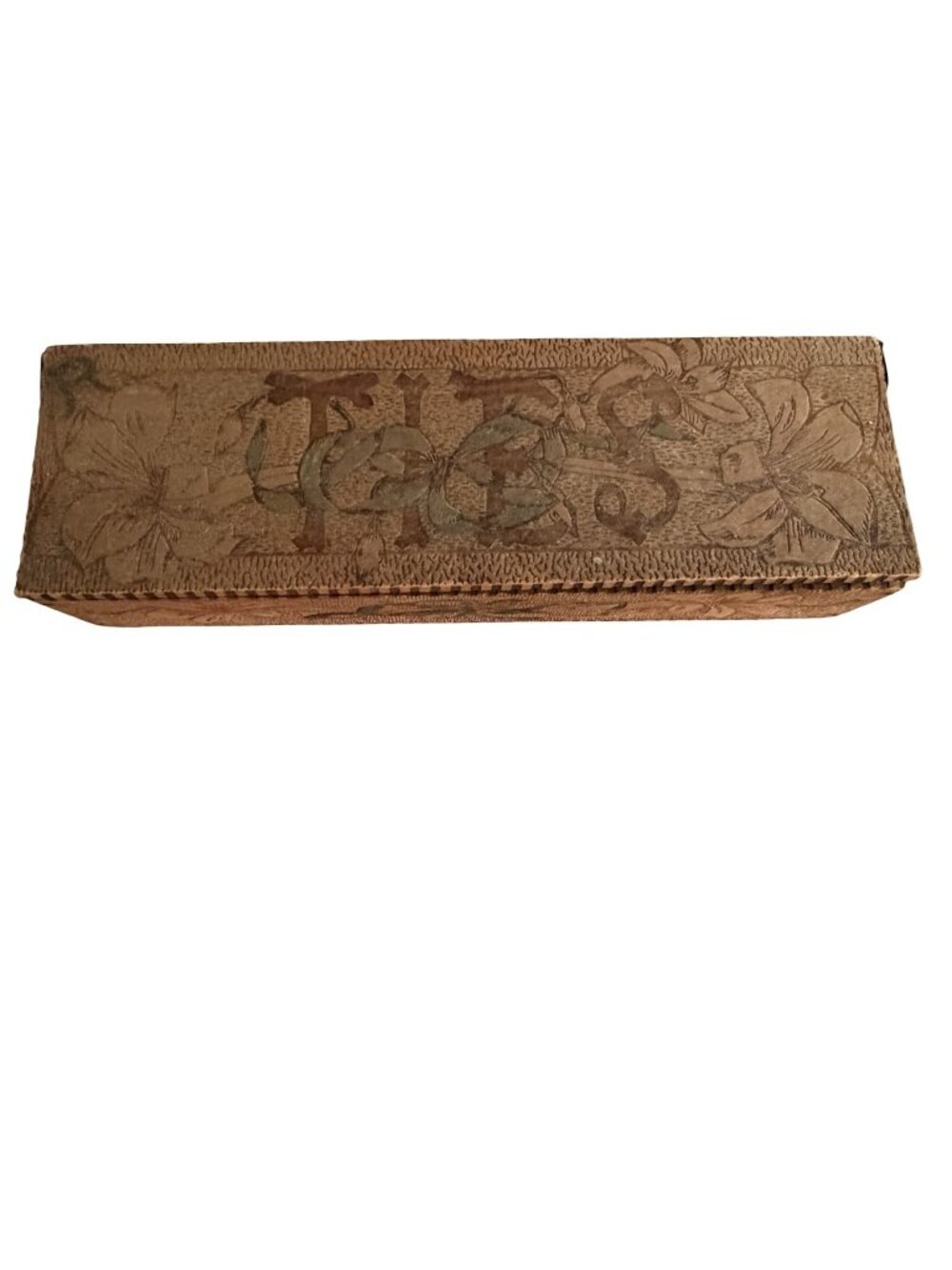 Antique c1900 Flemish Art Pyrography TIES Necktie Box Wood Burned Floral 11"
